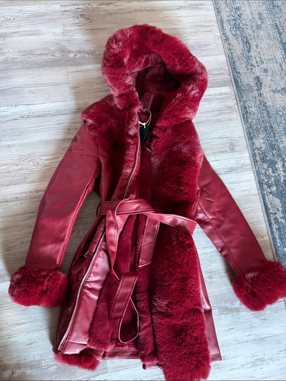 ISSI Deep Red Faux-Leather Trench with Plush Faux-Fur Trim